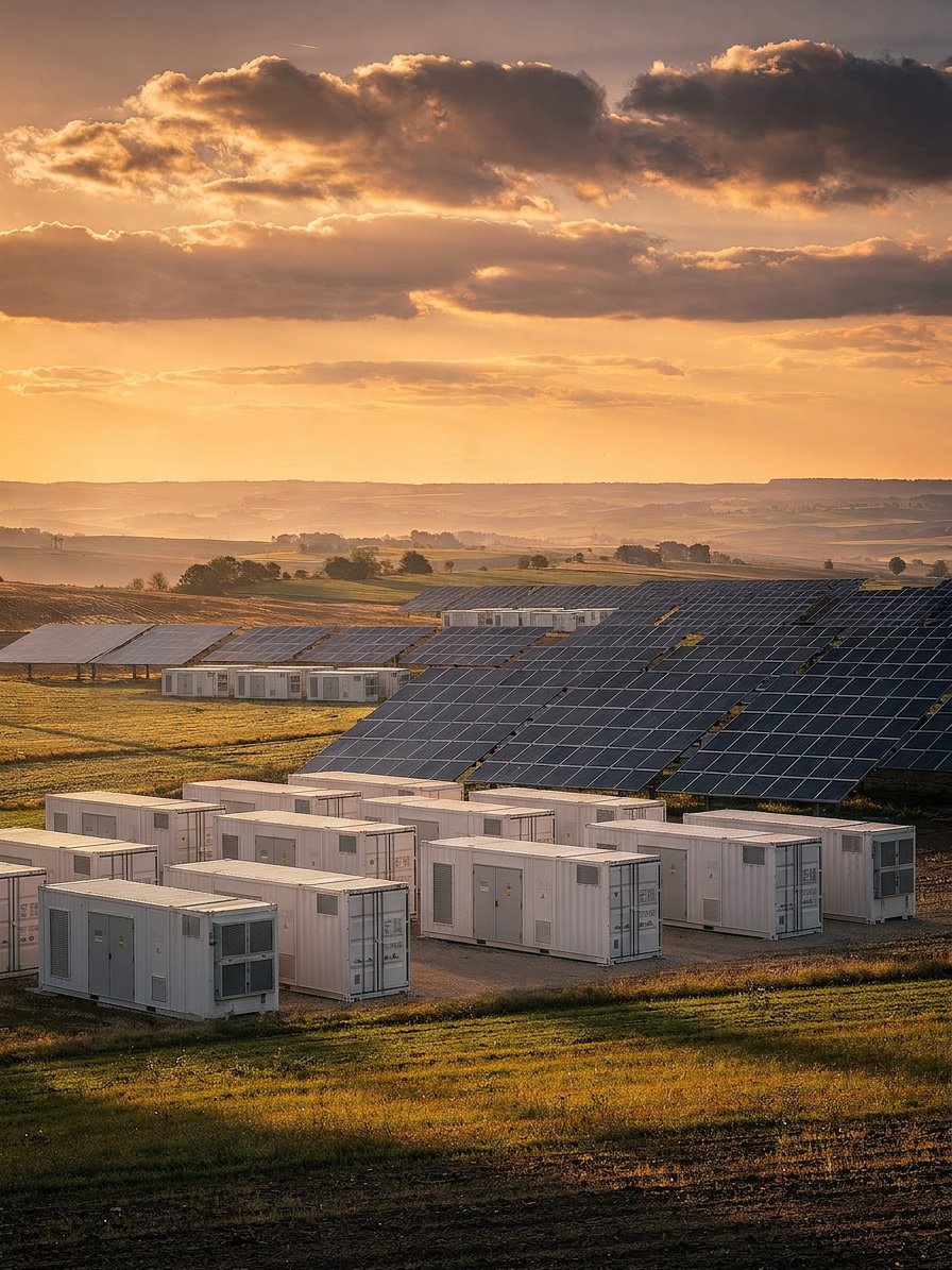 Solar PV and BESS assets at sunset